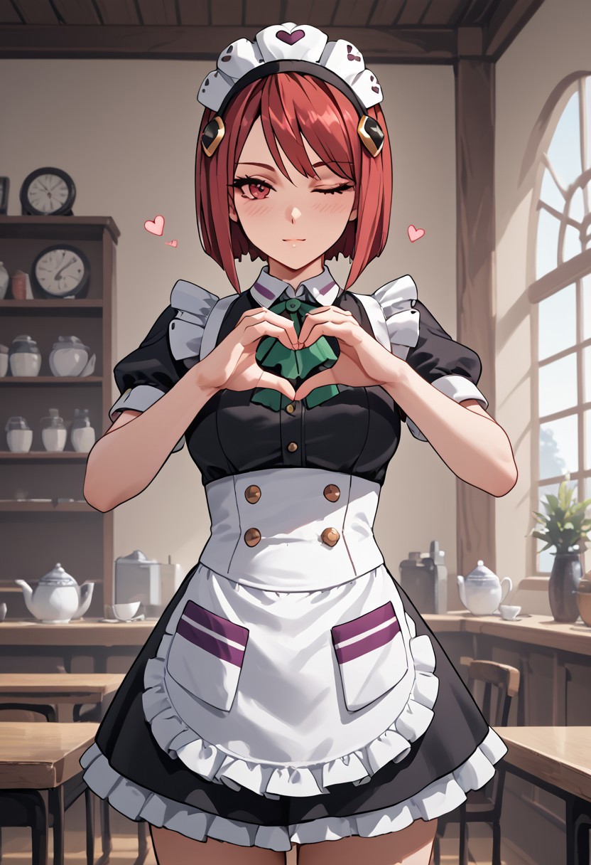 score_4,score_5,score_6,score_7_up,score_8_up,score_9 ((masterpiece,best quality,ultra detailed,highres,HD,4k:1.2)), 
1girl, solo,solo focus,girl focus,face focus,
red hair,red eyes,short hair,hair ornament,large breasts,
((Maid outfit,Sleeveless, maid headband, frilly apron,Short sleeves, short skirt, thighs:1.1)),
inside the cafe, ((Make a heart symbol with both hands, heart with both hands,heart hands,heart symbol,heart,heart effect,)), 
blush,((Expressionless)),((wink,closed one eye)),