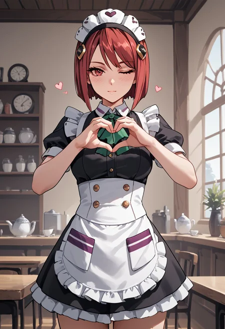 score_4,score_5,score_6,score_7_up,score_8_up,score_9 ((masterpiece,best quality,ultra detailed,highres,HD,4k:1.2)), 
1girl, solo,solo focus,girl focus,face focus,
red hair,red eyes,short hair,hair ornament,large breasts,
((Maid outfit,Sleeveless, maid headband, frilly apron,Short sleeves, short skirt, thighs:1.1)),
inside the cafe, ((Make a heart symbol with both hands, heart with both hands,heart hands,heart symbol,heart,heart effect,)), 
blush,((Expressionless)),((wink,closed one eye)),