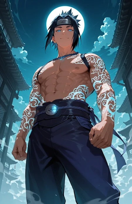 (uchiha sasuke), 
liukang_body,
muscular male,
looking at viewer, smug, 
martial arts,
feet out of frame,
from below,
fantasy chinese landscape, low clouds, fog, wind, reflective,
detailed, light, dark, glowing tattoo, color contrast,
colorful background, color contrast,
masterpiece, best quality, amazing quality, very aesthetic, absurdres, newest, very awa,
<lora:[Char - IL] Mortal Kombat - Liu Kang [Fire God ] (R1E07):0.8>