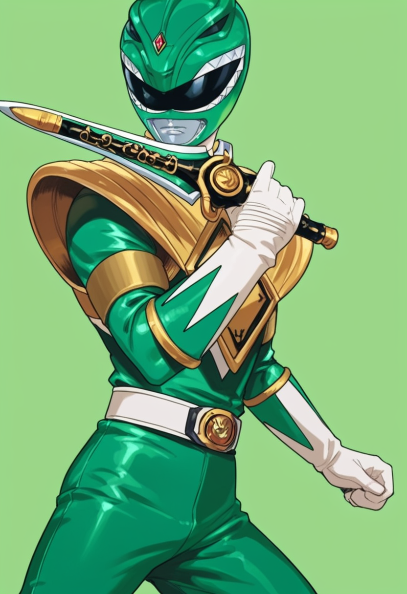 (score_9:0.9),score_8_up,score_7_up,anime style,rating_safe,<lora:Green Ranger ponyXL v2:0.85>, Green Ranger, 1boy, solo, green background, weapon, holding, holding weapon, dagger, holding dagger, helmet