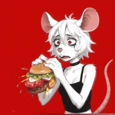 score_9, score_8_up, score_7_up, <lora:secret:0.8>, <lora:RFStyle:1>, rotten forest, rfstyle, source_furry, furry, anthro,
1girl, skinny, (emaciated), rat, ratgirl, rat teeth, white ears, (rat ears:1.4), red eyes, rat nose, rat snout, messy hair, short hair, white hair, white fur, tired, sleepy, half-closed eyes, bags under eyes, small breasts, runny mascara, detailed fur, choker,
sketch, monochrome, grayscale, red background abstract background, black pupils, 3 fingers, rat hands,
<lora:Burger_Malfunction-PonyXL-1024px:1> burger malfunction, burger, messy, ketchup, lettuce, tomato, shocked, upset, open mouth, (exclamation mark:0.9),