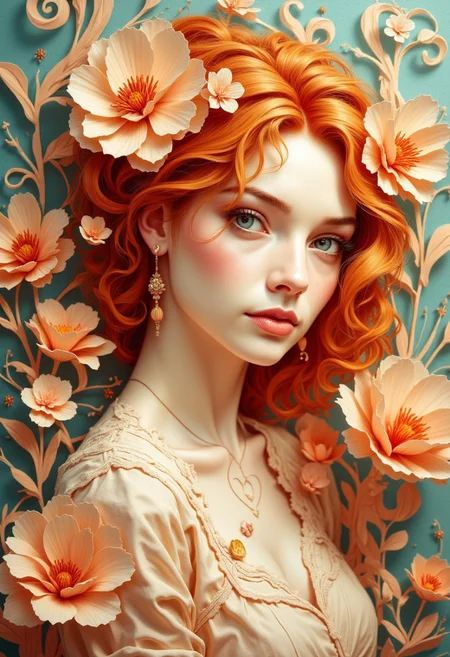 A beautiful and artistic paper cutout composition depicting a Ginger Beauty in an elegant, handcrafted style. The compositions are intricately cut from high-quality textured paper, with soft shadows cast onto the background, adding depth and dimension. Surrounding the female are delicate paper cutout flowers, and swirling decorative elements. The lighting is soft and warm, enhancing the texture of the paper and giving the scene a handmade aesthetic. The background is complementary colored in a softly blurred gradient to keep the focus on the intricate details of the paper art