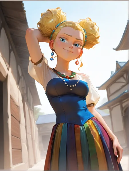 masterpiece, best quality, amazing quality, very aesthetic, absurdres, newest, detailed background, outdoors, dynamic angle, 4k, 8k, cowboy shot,
goldixd, 1girl, solo, doble hairbun, jewelry, blue eyes, smirk, dress, medium breasts, posing,
<lora:Goldilocks_-_Dreamworks_Illustrious:1>