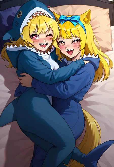score_9_up, masterpiece, best quality, amazing quality, very aesthetic, absurdres, newest, , photorealistic, portrait, 1girl, solo girl, laying on bed, on back,<lora:kigurumi-ponyxl-lora-nochekaiser:1>, kigurumi, animal hood, animal costume, cosplay,, night, dim light, ON SIDE, HAPPY, EYES CLOSED,  HEARTS IN AIR,hugging, shark, stuffed shark, ((SHARK IN GIFT RIBBON)),<lora:Hugging_shark:1>
<lora:Lucita_Yellow_Pony_V2.0:1> Lucita Yellow,  ((long yellow hair, bangs, animal ears, tail, pink eyes, square shaped pupils)), ((adult)) medium breasts, open mouth, sharp teeth, light blushing,