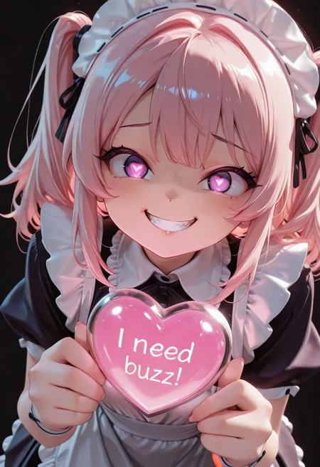 1girl, solo, civchan, medium_hair, pink hair, looking_at_viewer, smile, bangs, anime, simple_background, black background, twintails, purple_eyes, boots, maid, teeth, grin, glowing, glowing_eyes, dutch angle, (pout:0.9),need_buzz, holding sign
heart-shaped pupils, [crazy eyes], cg, masterpiece, 8k, holding technological orb, meme, comic
<lora:CivChan:0.9>