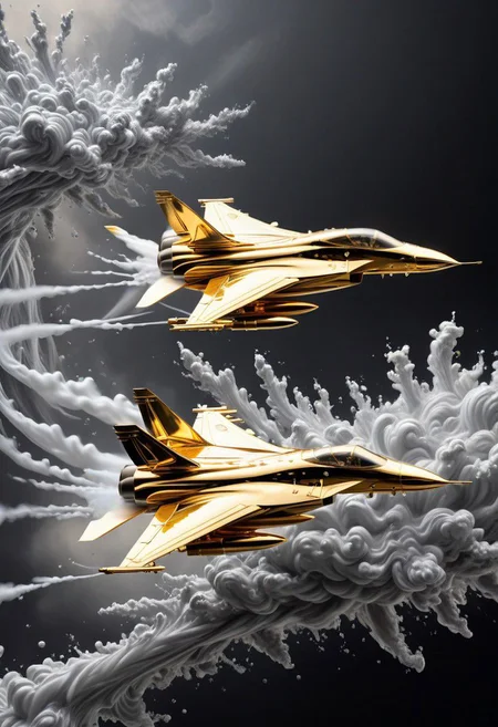 GOLD LIQUID METAL jet fighters, racing through SILVER LIQUID METAL clouds, liquid metal sprays from there jets, flying through a black void