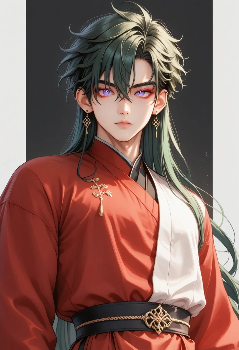 score_9, score_8_up, score_7_up, rating safe, 8k portrait, 1 boy,solo, full body, low angle, male focus, AntherimA, purple circular eyes, slit pupils, dark green hair, hair between eyes, asymmetrical hair parting, light_red_eyeshadow, ((1_earstud_left_side)), 20 years old, stoic pose, chinese_clothing, dynamic pose, long large red sleeves, red clothing, black_waistband, long flowing fabrics,layered clothing , black nail varnish, highly detailed, professional photography, masterpiece, (finely detailed beautiful eyes: 1.2), hdr, no background, black_background
