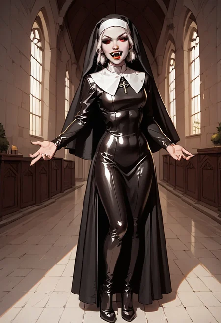 (score_9, score_8_up, score_7_up) high quality, full-length, full body portrait, head to toe, of a vampire nun wearing tight shiny black and white latex habit, black heels, black dress,dress, skintight covering her upper body, split up the side to show off her toned legs, toned body, beautiful face, seductive smile, showing her two long vampire fangs, f4ng, small fangs, fangs,, looking at viewe, reaching towards viewer with one hand, motioning viewer to come closer, blood red lips, very pale white skin, (vampire_seductress, 2_vampire_fangs, red eyes), inside a church, dark, night, fangs, seductive pose, handfixer