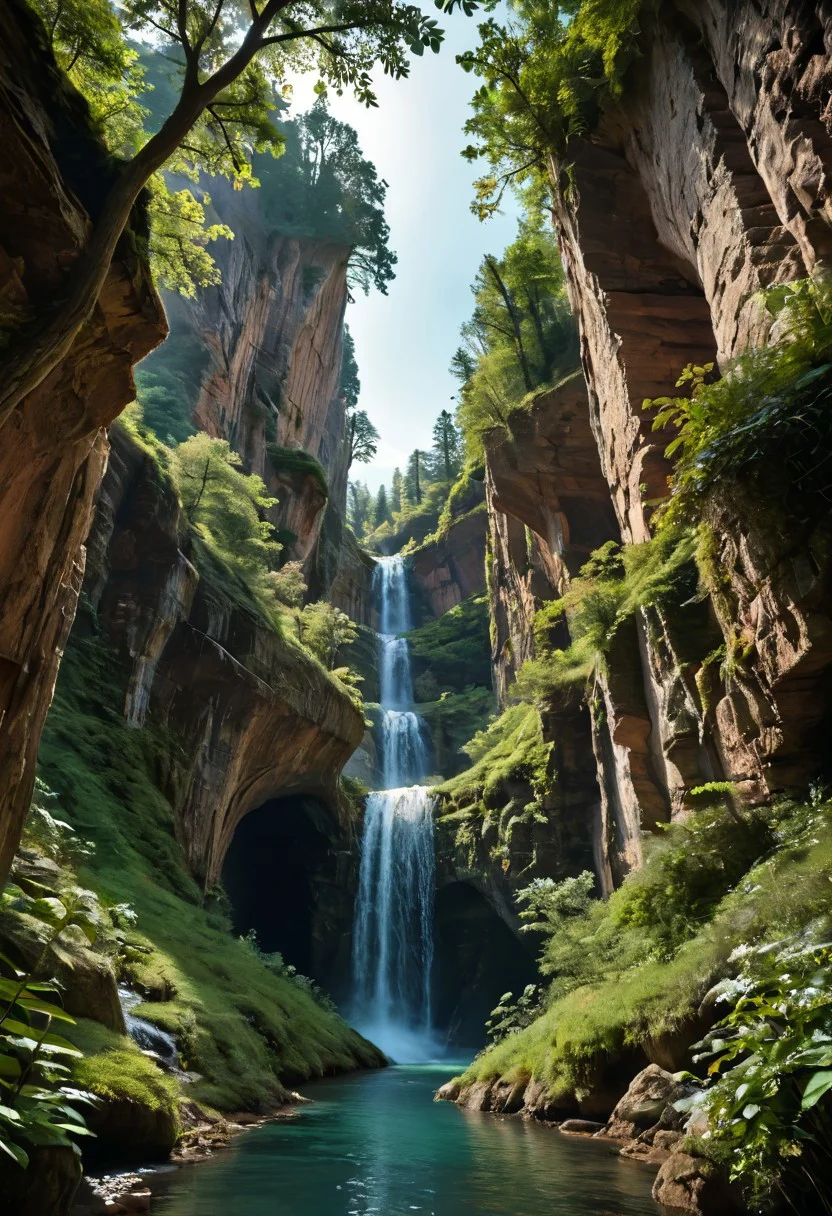 Stable_Yogis_PDXL_Positives, 
A sprawling valley of cascading waterfalls cutting through layered sandstone cliffs, viewed from a sweeping aerial perspective that reveals turquoise plunge pools and winding river networks. Golden-hour sunlight pierces mist rising from thunderous falls, illuminating intricate textures of water-smoothed rock strata and vibrant moss colonies clinging to vertical surfaces. Close-up details of fern fronds trembling in the perpetual spray, their fractal patterns echoed in the dendritic river deltas below. Low-angle shots framing monolithic cliff faces against swirling cloud formations, while tracking perspectives follow ibex traversing narrow ledges above abyssal gorges. Ultra-detailed 8k rendering captures every water droplet in mid-air suspension and crystalline reflections in ancient rockpools. A symphony of emerald, amber, and sapphire hues created by mineral-rich waters, lichen communities, and twilight's deepening azure gradients across the canyon's stratified geology.