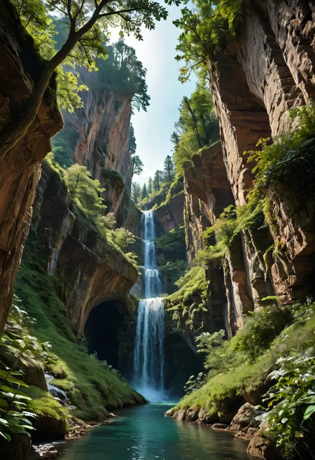 Stable_Yogis_PDXL_Positives,
A sprawling valley of cascading waterfalls cutting through layered sandstone cliffs, viewed from a sweeping aerial perspective that reveals turquoise plunge pools and winding river networks. Golden-hour sunlight pierces mist rising from thunderous falls, illuminating intricate textures of water-smoothed rock strata and vibrant moss colonies clinging to vertical surfaces. Close-up details of fern fronds trembling in the perpetual spray, their fractal patterns echoed in the dendritic river deltas below. Low-angle shots framing monolithic cliff faces against swirling cloud formations, while tracking perspectives follow ibex traversing narrow ledges above abyssal gorges. Ultra-detailed 8k rendering captures every water droplet in mid-air suspension and crystalline reflections in ancient rockpools. A symphony of emerald, amber, and sapphire hues created by mineral-rich waters, lichen communities, and twilight's deepening azure gradients across the canyon's stratified geology.