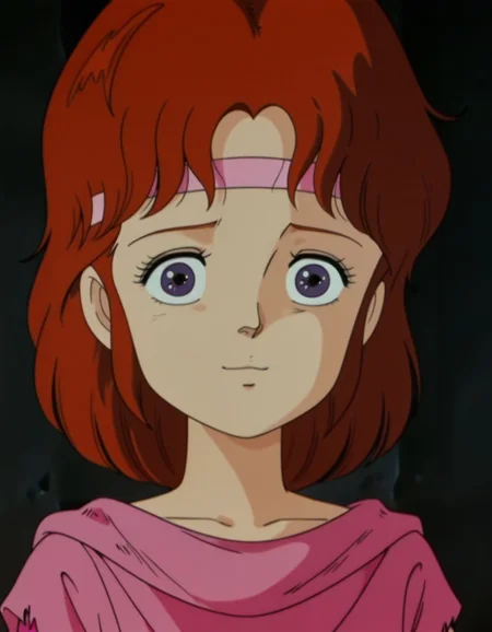 masterpiece, best quality, upper body, shy, light smile, standing, face close-up, solo, portrait,
<lora:Lin:1>, L1n, red hair, headband, purple eyes, female child, retro artstyle, torn clothes, shirt, retro artstyle, anime coloring,