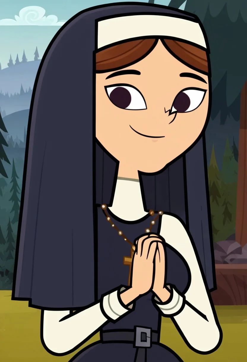 ((Forest background)),score_9, score_8_up, score_7_up,score_6_up,
1girl, Solo, Isabel_DC, fair skin, brown hair, straight hair, dark purple eyes, dark prussian blue nun veil with white coif, necklace with a golden cross, belt with square buckle, dark prussian blue nun tunic with long skirt, black flat shoes, big eyes, tall stature, social smile, perfect eyes, perfect smile, looking at the viewer, big breasts, detailed eyes, perfect eyes, cute, standing, (front pose, bust shot, close up to face, face portrait:1) praying hands