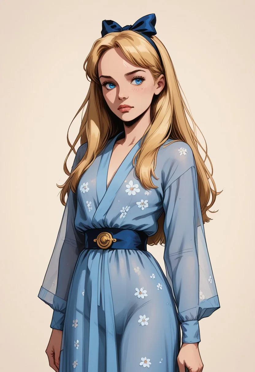 score_9, score_8_up, score_8_up, btimmsketch, (cowboy Shot:1.1) 
1girl, Alice, solo, blonde hair, long hair, blue eyes, headband, ribbon hairbow, 
((blue floral mesh robe, long sleeves, see-through robe, sheer robe)), satin bow belt, blushing, covering self, 
pin-up pose, halftone effect, abstract background:1.2,
BREAK 
((animated, bright colors, hentai)),