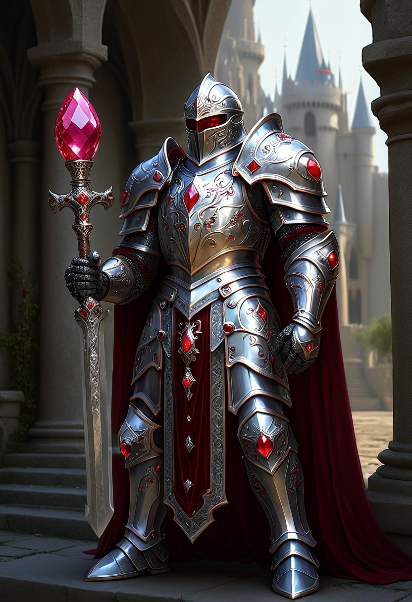 magicNpolished, A noble paladin, silver armor adorned with gemstones, intricate designs, holding a ruby mace, fantasy setting