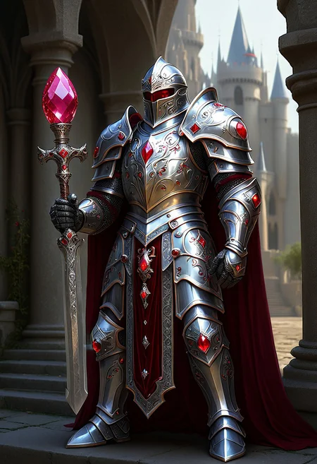 magicNpolished, A noble paladin, silver armor adorned with gemstones, intricate designs, holding a ruby mace, fantasy setting