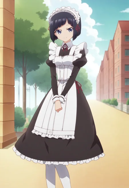 score_9, score_8_up, score_7_up, score_6_up, score_5_up, score_4_up , anime coloring ,BREAK source_anime, anime,screencap,
1girl, solo, miyukik, black dress, apron, maid, maid headdress, white pantyhose, neck ribbon, hair ribbon, black footwear, <lora:PonyXL Miyuki Kujou V2:1>
outdoors,
smile, looking at viewer,