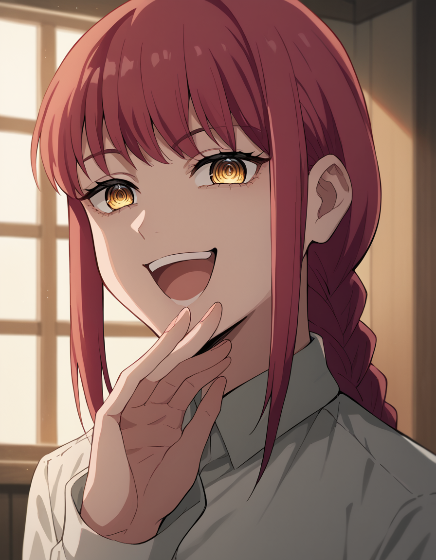 score_9, score_8_up, score_7_up, source_anime, makima, <lora:chainsaw-man-makima-s1-ponyxl-lora-nochekaiser:1> makima, long hair, smile, bangs, yellow eyes, braid, red hair, braided ponytail, ringed eyes,, <lora:ojou-sama-pose-ponyxl-lora-nochekaiser:1>, ojou-sama pose, laughing, smug, hand to own mouth, open mouth,, indoors, smile,, cowboy shot, dutch angle, looking at viewer,