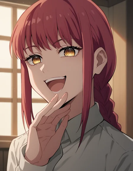 score_9, score_8_up, score_7_up, source_anime, makima, <lora:chainsaw-man-makima-s1-ponyxl-lora-nochekaiser:1> makima, long hair, smile, bangs, yellow eyes, braid, red hair, braided ponytail, ringed eyes,, <lora:ojou-sama-pose-ponyxl-lora-nochekaiser:1>, ojou-sama pose, laughing, smug, hand to own mouth, open mouth,, indoors, smile,, cowboy shot, dutch angle, looking at viewer,