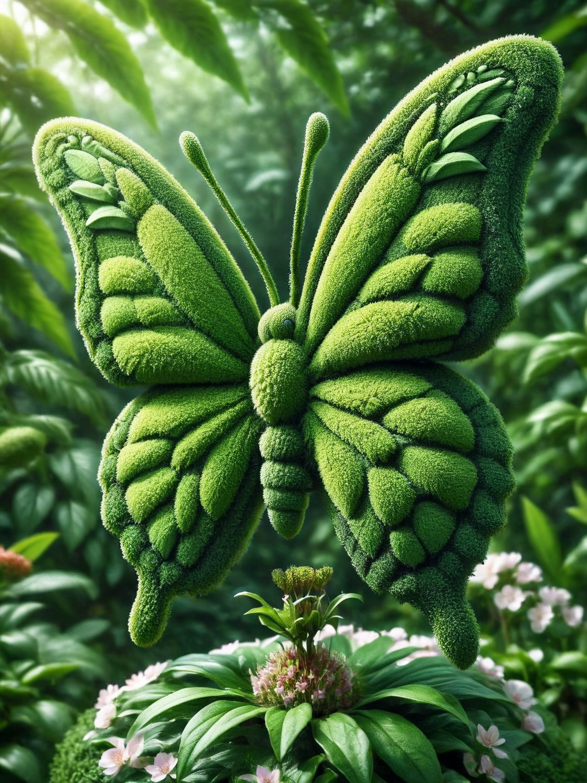 An ais-hdgrw butterfly, wings delicately formed from leaves, perches on a blossoming flower. <lora:ais-hdgrw-sdxl:1>
