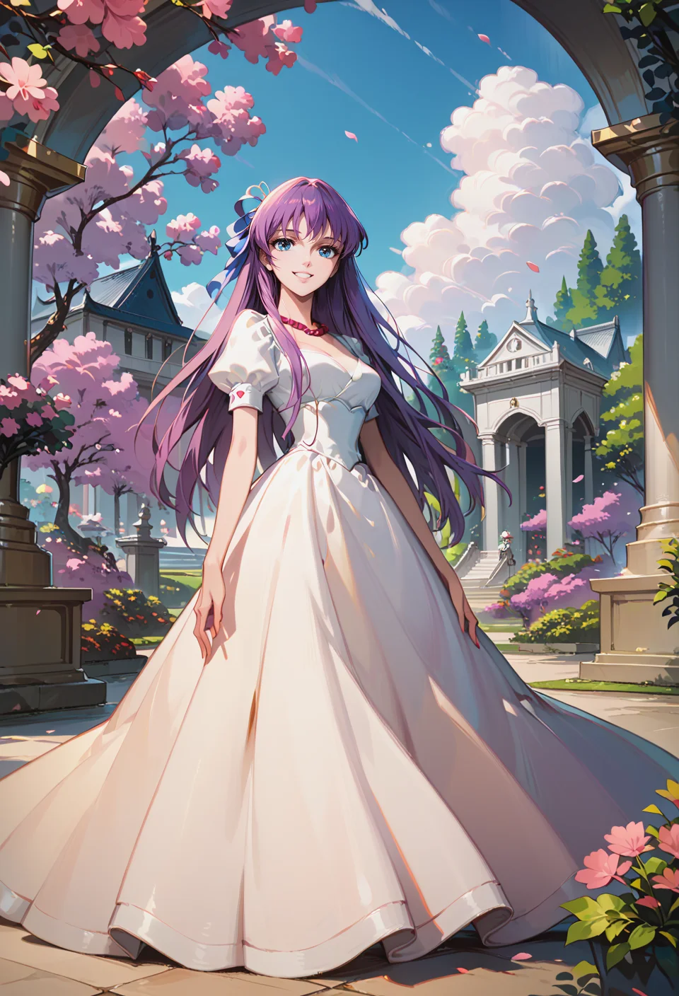 score_9, score_8_up, score_7_up,
<lora:SaoriKido_Pony_v11-12:1> athenakido, puffy dress, pearl necklace,
smile, standing,
garden in front of a mansion
serene courtyard with cherry blossom trees in bloom,