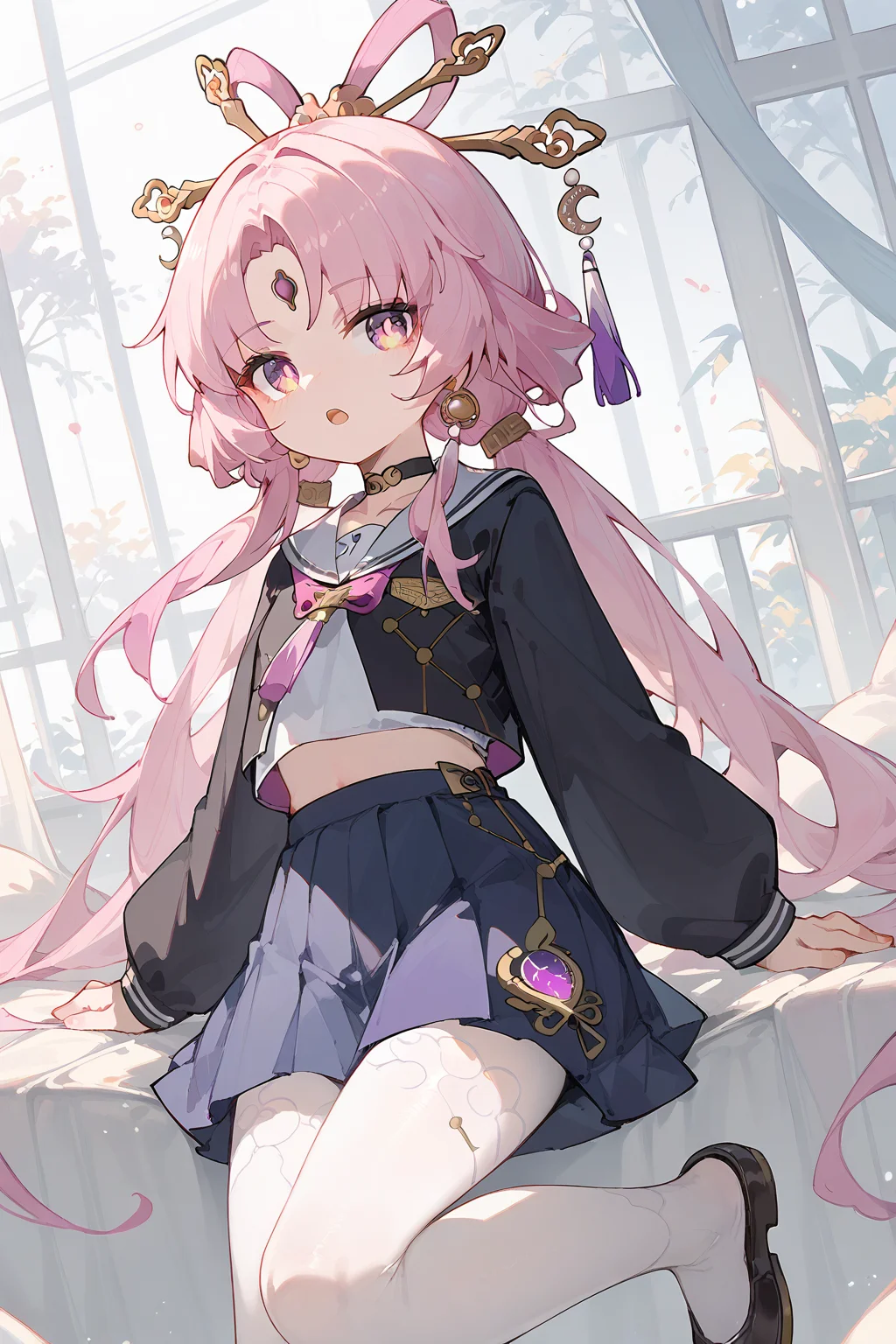 (score_9,score_8_up,score_7_up),<lora:Fu Xuan(Honkai Star Rail)-v1>,Fu Xuan(Honkai Star Rail),1girl,pink hair,solo,skirt,long hair,school uniform,forehead mark,pantyhose,jacket,white pantyhose,open mouth,serafuku,choker,blue skirt,purple eyes,white shirt,looking at viewer,bangs,black jacket,shirt,long sleeves,jewelry,earrings,:o,pleated skirt,facial mark,parted bangs,midriff peek,sailor collar,very long hair,black choker,pink eyes,
good feet,anime,NSFW,expressive,amazing quality,ultra hd 32k,moody lighting,
