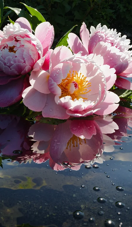 Flowers peonies on water surface with drops. Pure water with reflections sunlight and shadows. Slow motion of waves water.
