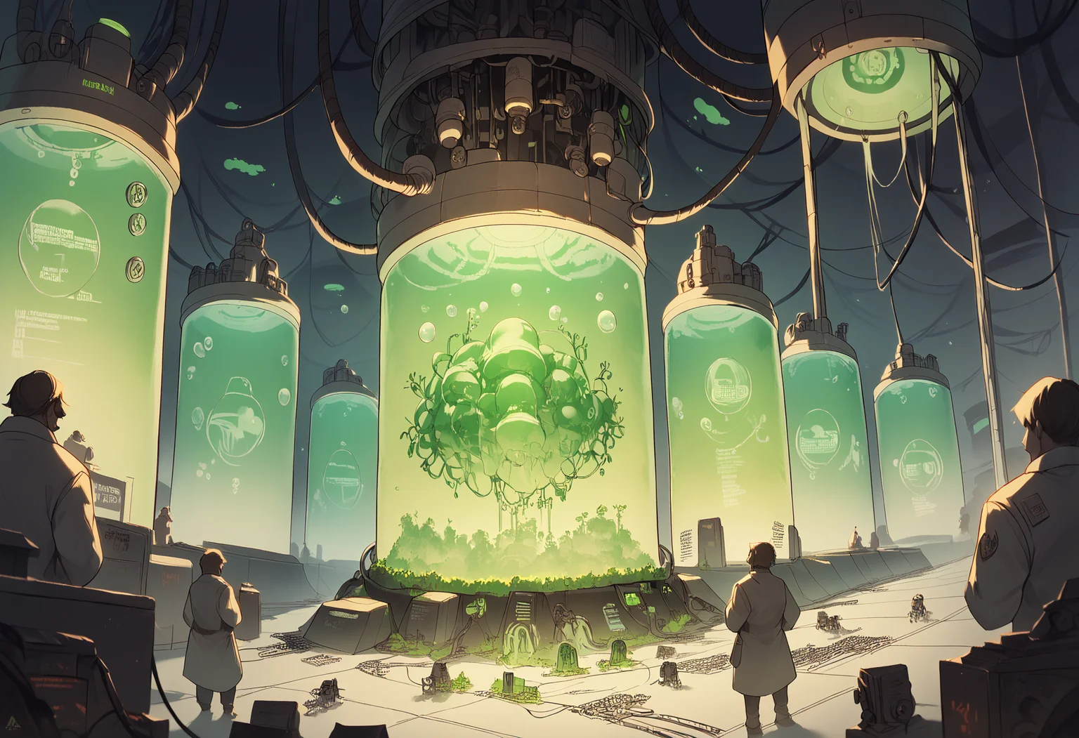 score_9, score_8_up, score_7_up,soft shadows,masterpiece,4k,best quality, hires, giant brain inside vat, machine, green water, green stasis tank, bubbles, tube, tubes connected to a brain, cables, crowd of scientists, study, military laboratory, studding
<lora:Stasis Tank (pony) v1:1.0> <lora:Pony_DetailV2.0:0.8> <lora:Smooth Anime Style LoRA XL:0.8>