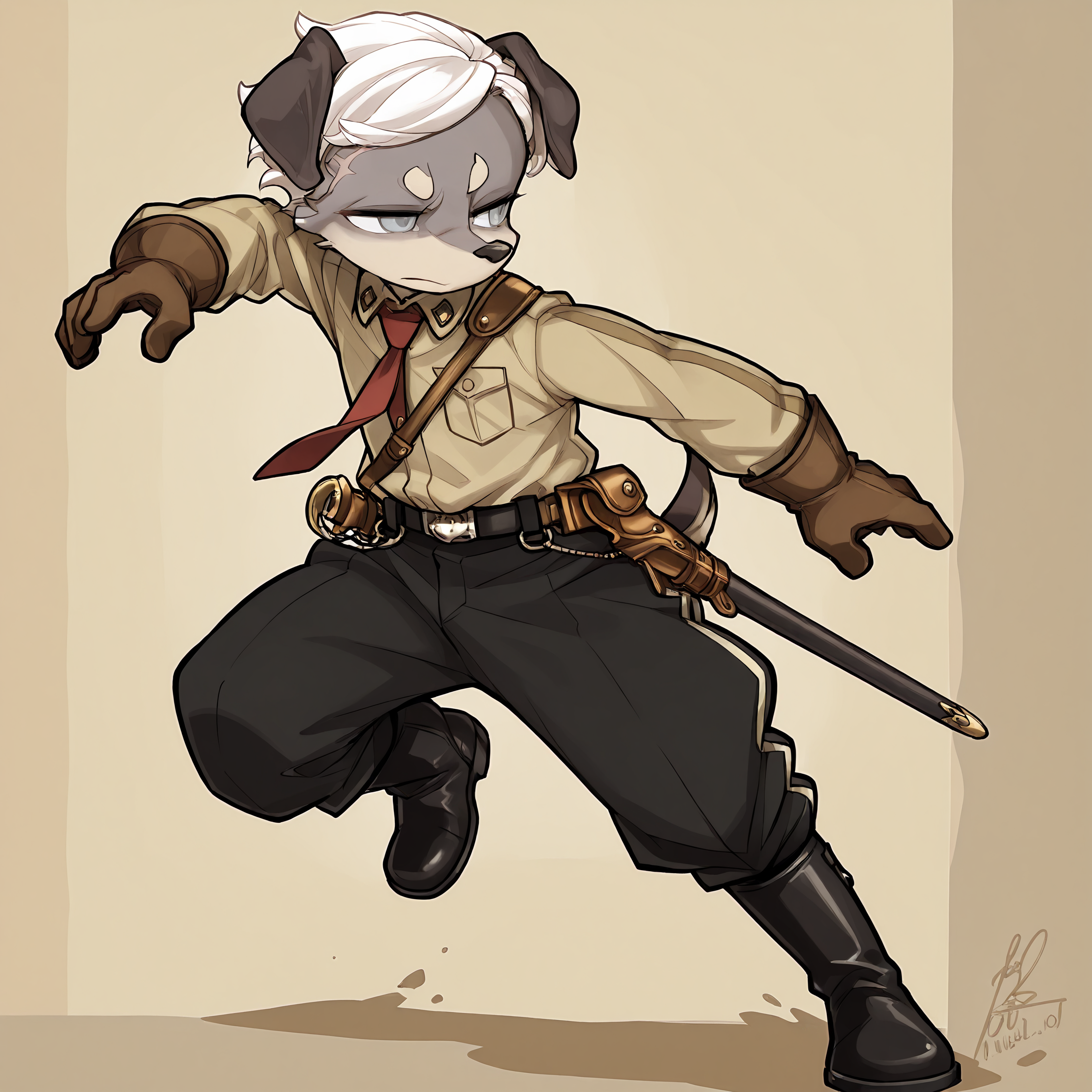 BREAK, <lora:Britz_Strudel:1>, britz strudel, fuga: melodies of steel, kemono, furry male, young male, 1boy, dog boy, grey fur, beige fur, multicolored fur, grey eyes, short hair, white hair, scar above right eye, animal ears, dog ears, floppy ears, dog tail, brown tail,
BREAK, Fuga 1 Outfit, Berman Uniform, high black boots, black military pants with two white stripes, belt, beige button-up uniform shirt, red necktie, brown gloves, brown sling, gun holster, pouches, sword,
BREAK, solo, full body, action pose, angry, narrowed eyes, looking away, slouched,