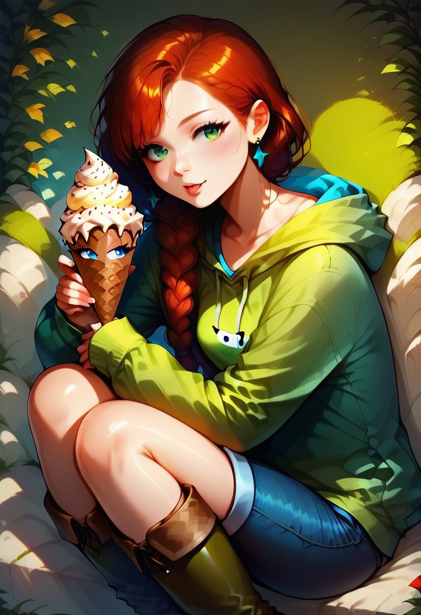 ((score_9, score_8_up, score_7_up)), ((solo:1.4), 1girl, 40-year-old girl, gaunt body, (Pointed ears:0.6) long legs, long arms, long body, long hair, ((auburn hair, sleek hair,single braided hair,)), (greek nose:.08), ((small breasts):1.2), perky breasts, androgynous face, androgynous body:0.8, green eyes, perfect face, perfect eyes,  smokey eyeshadow ,  ((detailed face)), soft skin, ((wearing silver stud earrings,  blue jeans, green hooded sweatshirt, brown boots)), highly detailed, perfect anatomy, incredible attention to detail, masterpiece, 32K HD, volumetric shadows, RAW Photograph, absurdres, living icecream cone