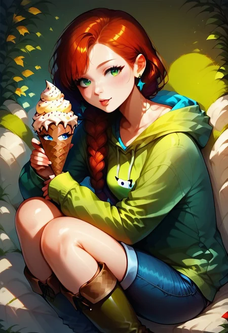 ((score_9, score_8_up, score_7_up)), ((solo:1.4), 1girl, 40-year-old girl, gaunt body, (Pointed ears:0.6) long legs, long arms, long body, long hair, ((auburn hair, sleek hair,single braided hair,)), (greek nose:.08), ((small breasts):1.2), perky breasts, androgynous face, androgynous body:0.8, green eyes, perfect face, perfect eyes, smokey eyeshadow , ((detailed face)), soft skin, ((wearing silver stud earrings, blue jeans, green hooded sweatshirt, brown boots)), highly detailed, perfect anatomy, incredible attention to detail, masterpiece, 32K HD, volumetric shadows, RAW Photograph, absurdres, living icecream cone
