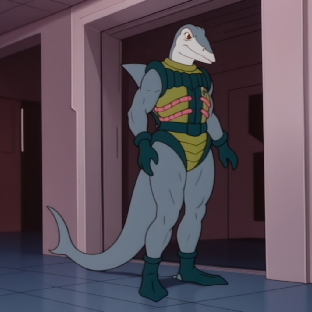 masterpiece, best quality, amazing quality, IchyDsIl, anthro, male, Ichthyosaurus, grey skin, brown eyes, green bodysuit, dark green trim, pink hoses, dark green gloves, dark green boots, standing, inside, tail, solo, full body