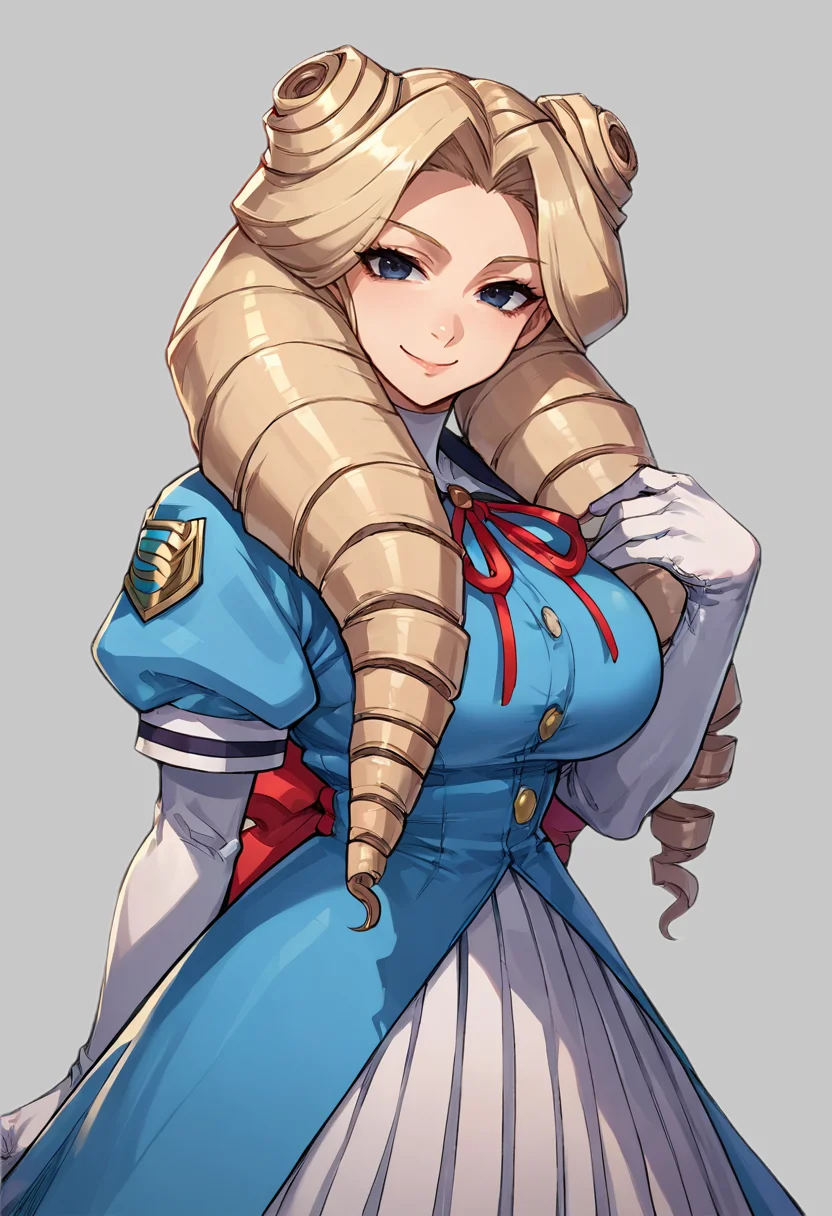 score_9, score_8_up, score_7_up, source_anime BREAK 1girl, solo, justice_yurika, cowboy shot, blue dress, white gloves, long skirt, pleated skirt, large breasts, curly hair, blonde hair, twin drills, blue eyes, looking at you, smile, closed mouth, simple background <lora:justice_yurika:0.9>