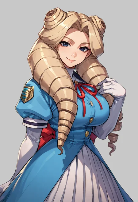 score_9, score_8_up, score_7_up, source_anime BREAK 1girl, solo, justice_yurika, cowboy shot, blue dress, white gloves, long skirt, pleated skirt, large breasts, curly hair, blonde hair, twin drills, blue eyes, looking at you, smile, closed mouth, simple background <lora:justice_yurika:0.9>