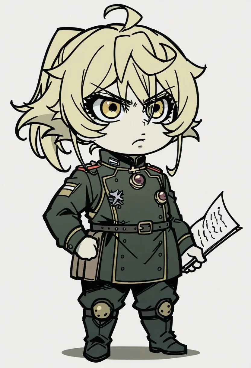 score_9, score_8_up, score_7_up, source_anime, Tanya Von Degurechaff, chibi, chubby, wearing military clothes, serious look, looking straight ahead, pencil sketch in chrc_style, drawing, texture, thick lines, white (beige\yellow) paper, no color, black and white, simple strokes, white background