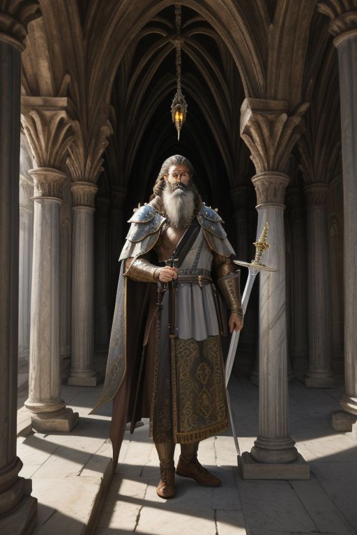 knight, armor, censer, incense, cathedral, bastard sword, man, bearded, brown and hair, brown and grey beard, medium beard, cross, pillars, marble structure, divine light