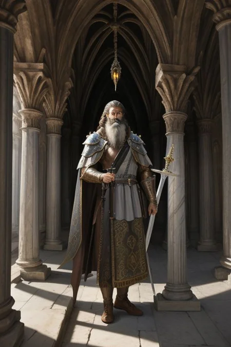knight, armor, censer, incense, cathedral, bastard sword, man, bearded, brown and hair, brown and grey beard, medium beard, cross, pillars, marble structure, divine light