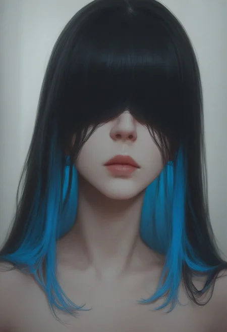 (((black hair))), long hair, (((bangs over eyes))), (((black blindfold))), 1girl, russian, Caucasian, (Cinematic Angle), ((best quality)), ((masterpiece)),
score_9, score_8_up, score_8_up, layering, 1girl, multicolor hair, soft blue hair soft pink wicks, medium hair, exposed, soft breast, slender body, ultra detailed, smooth skin texture, alluring curves, tasteful sensuality, softcore, wariza, (multiple views:1.2)