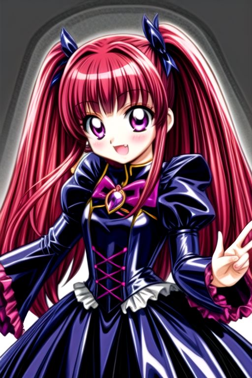 Bad_End_Precure, DarkPrecure, corrupted princess wearing dark pastel (ruffled:1) (gleaming latex:1) gown with (latex vampire cloak:1) and (long frilly wide sleeves), soft lighting, ruffles, (cute little fang:1)
(vmpr:1),
<lora:more_details:1>,