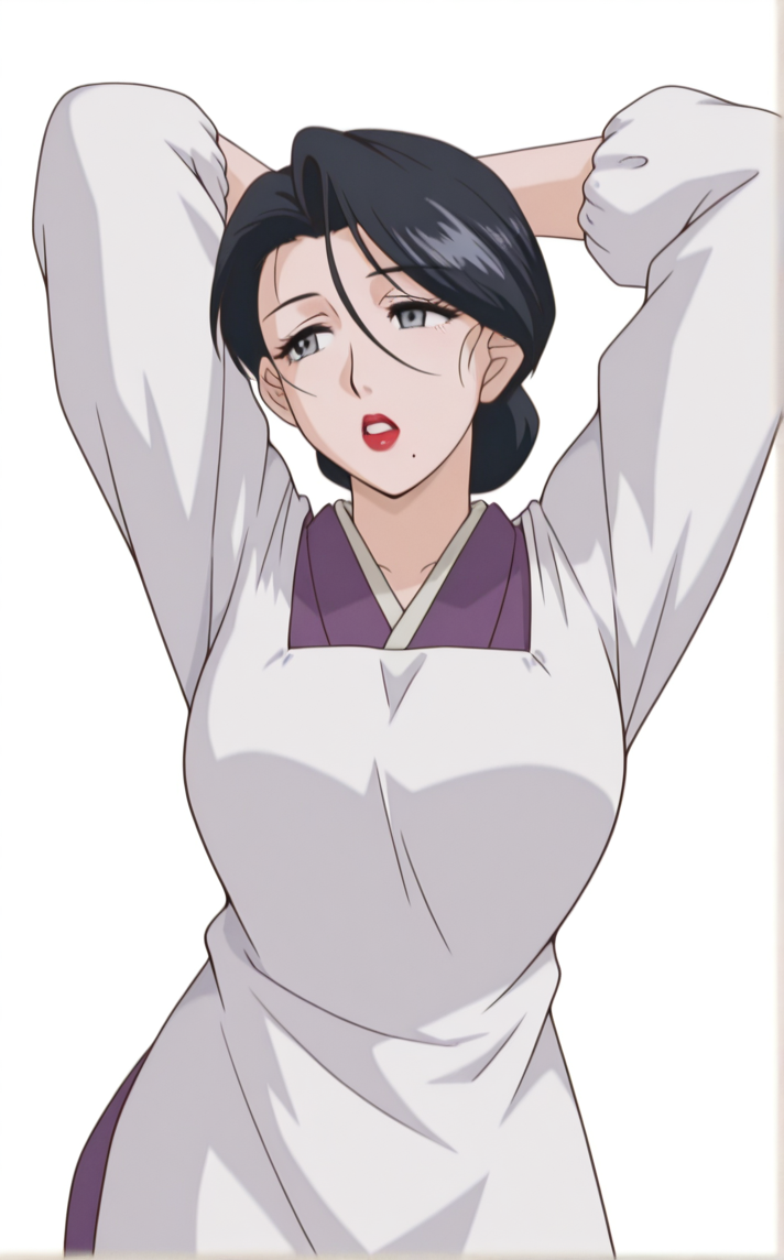masterpiece, best quality, insaneres, absurdres,1girl, contrapposto, arms up, standing, open mouth, arm behind head, looking to the side, white simple background, cowboy shot, parted lips, <lora:ILLUSTXL_MistreatedBride_SumieTakayanagi_ownwaifu:1>, BREAK WhiteApron_SumieTakayanagi_ownwaifu, 1girl, black hair, breasts, grey eyes, japanese clothes, lipstick, makeup, mature female, mole under mouth, red lips, white apron, kimono, single hair bun, apron, kappougi, hair between eyes, large breasts,