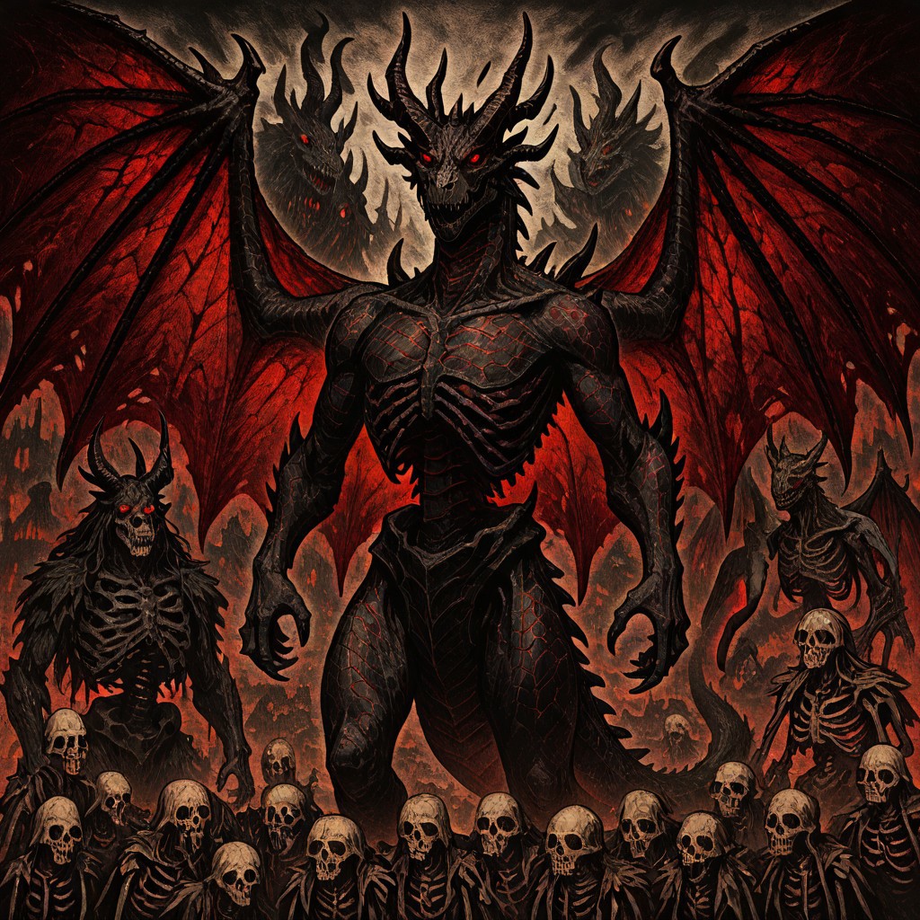 masterpiece, best quality, newest, absurdres, highres, HORCOMV1.0,
monster, no humans, dragon, wings, tail, wings, dragon wings, dragon horns, horns, multiple horns, black scales, red eyes, black dragon, eldrich, eldrich horror, eldrich abomination, skeleton, bones, ribs,