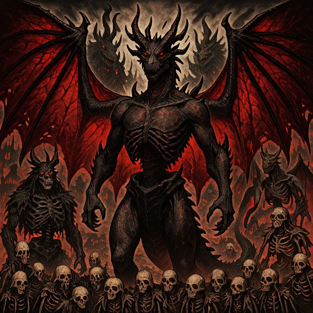 masterpiece, best quality, newest, absurdres, highres, HORCOMV1.0,
monster, no humans, dragon, wings, tail, wings, dragon wings, dragon horns, horns, multiple horns, black scales, red eyes, black dragon, eldrich, eldrich horror, eldrich abomination, skeleton, bones, ribs,