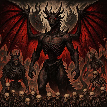 masterpiece, best quality, newest, absurdres, highres, HORCOMV1.0,
monster, no humans, dragon, wings, tail, wings, dragon wings, dragon horns, horns, multiple horns, black scales, red eyes, black dragon, eldrich, eldrich horror, eldrich abomination, skeleton, bones, ribs,