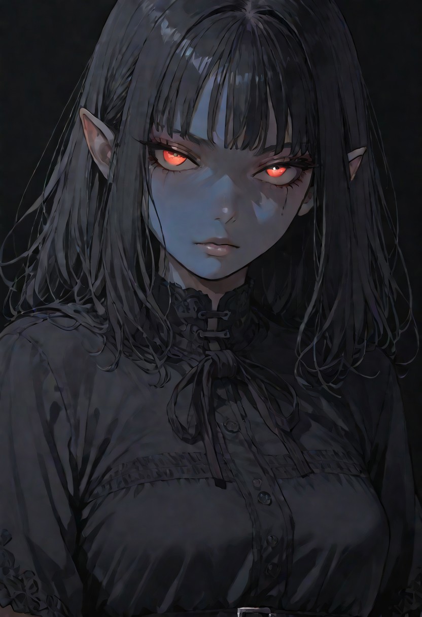 (score_9, score_8_up, score_7_up), source_anime, anime, female, elf, (dark blue skin), black hair, burgundy eye color, black eye sclera, layered clothing, waist-high, black background, woman
