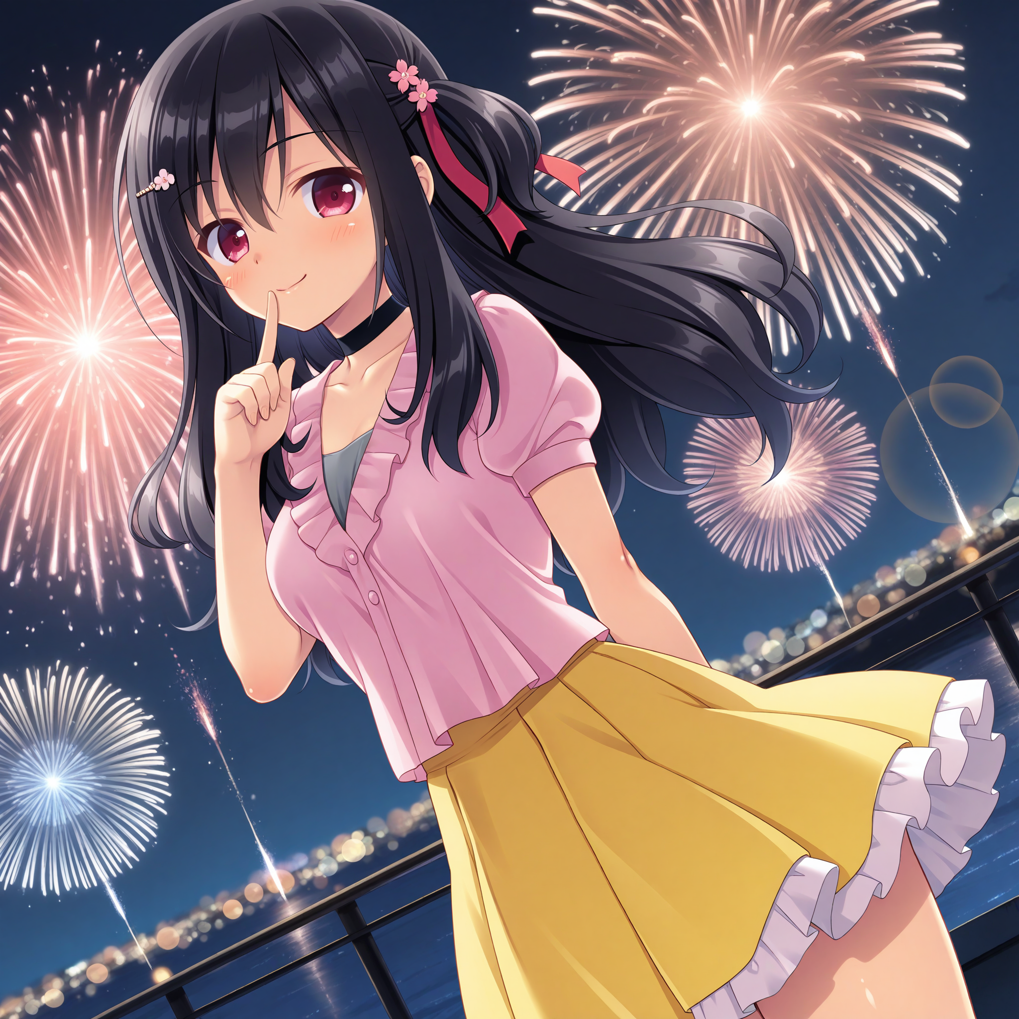 <lora:Nobuta_Yua_1_nai-000048:1>,Nobuta Yua,
hair ribbon,red ribbon,one side up,hairclip,
collarbone,yellow skirt,pink shirt,puffy short sleeves,frills,pleated skirt,choker,frilled shirt,frilled skirt,
BREAK
1girl,solo,smile,looking at viewer,looking back,from behind,dutch angle,night,aerial fireworks,firework background,standing,depth of field,lens_flare,arm up,finger to mouth,arm behind back,