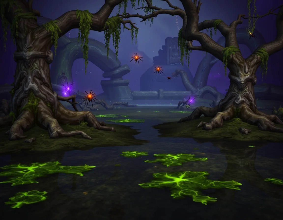 WOW_Character_Style, This image is a digital drawing of a World of Warcraft environment, depicting a dark, foreboding swamp. The ground is soft and muddy, with twisted trees rising from the swampy water, their gnarled branches covered in hanging moss. Pools of stagnant water reflect the overcast sky, and strange, glowing insects dart through the misty air. In the distance, a shadowy ruin looms, half-sunken into the marsh. The water is thick and dark, with tendrils of mist snaking across the surface. The lighting is dim and eerie, with a sickly green and purple glow emanating from the depths of the swamp. The colors are dark greens, browns, and purples, with the glowing elements adding an unsettling contrast. The overall mood is ominous and mysterious, with a sense of lurking danger and decay permeating the scene.
