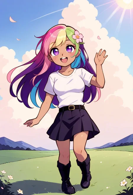 1 cute girl, chibi, short, cute, tan skin, full body, happy, very long hair, pastel pink hair, multicoloured hair, flowy hair, long hair, rainbow highlights, rainbow hair, long fringe, braided sidelocks, Hair flower, large round eyes, lavender eyes, freckles, round face, very cute face, small facial features, a slim figure, medium breasts, round breasts, knee high walking boots, sneakers, DROWID, salopette, overall skirt, white t-shirt, belt pouches, fluffy clouds in the sky, bright sun, summer season, breezy weather, natural lighting, bright lighting, noon time, skirt blowing in the wind, hair blowing in the wind, beautiful smile, happy, blush, outdoors