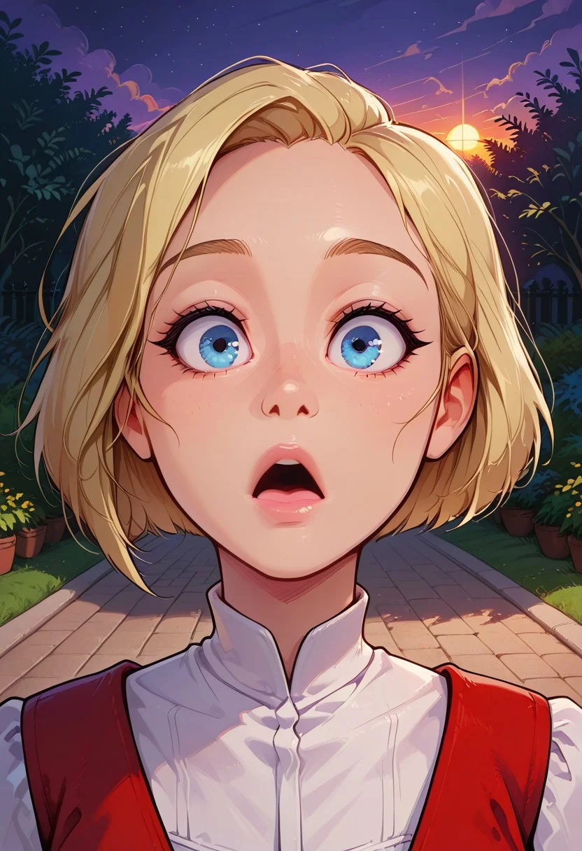 ((masterpiece)), high quality, safe_9, score_9, score_8_up, score_7_up, score_6_up,source_anime, night, perfect light, detailed light, g0thic, neon, Expressiveh, glowing, melkor_style, girl portrait, 1girl, petite, suzie, short blonde hair, blue eyes, sharped eyes, perfect hands, perfect mouth, perfect eyes, detailed iris, detailed,  perfect eyes, surprised expression, looking at viewer,  Her outfit features a white blouse with a high collar, complemented by a red vest, face focus, detailed, intricate details, perfection, perfect light, detailed light, nigth hour, (garden, outside, background, sunset time,)