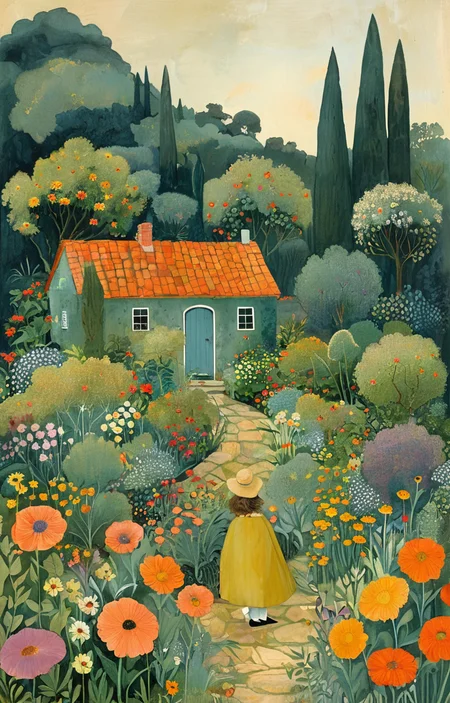 masterpiece,best quality,<lora:tbh143-sdxl:0.7>,portrait of man in garden,flowers,illustration,style of Alice Provensen