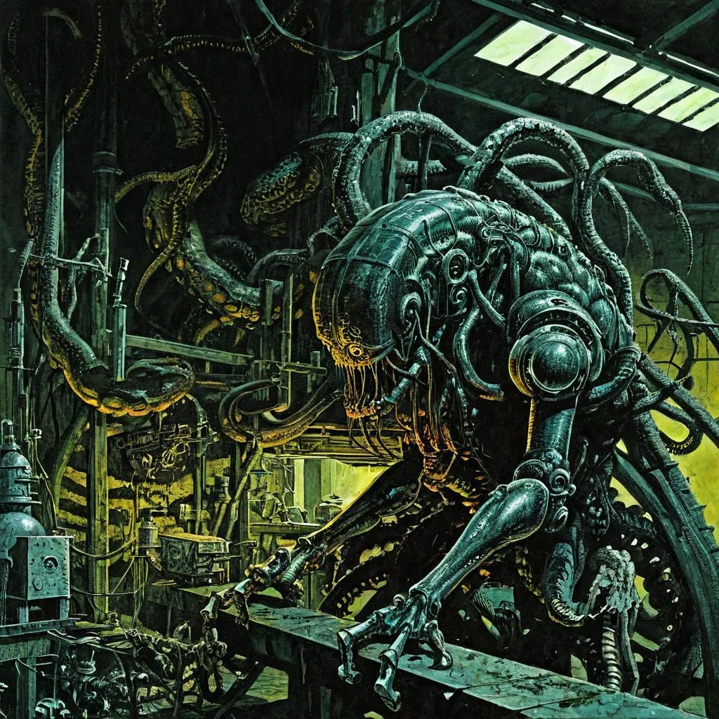 color illustration in berniewrightson style, extremely detailed, masterpiece, tenebrism, high contrast,
Kraken
Robot maintenance facility in the background,
horrified expression
<lora:BernieWrightson_Style_XL_V4.1:0.7>