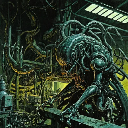 color illustration in berniewrightson style, extremely detailed, masterpiece, tenebrism, high contrast,
Kraken
Robot maintenance facility in the background,
horrified expression
<lora:BernieWrightson_Style_XL_V4.1:0.7>
